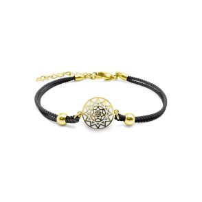 BISTEB321 - Bracelet acier PVD doré - coton noir - email - 15+5cm - 