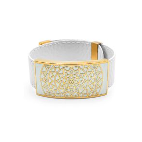 BISTEB322 - Bracelet acier PVD doré - cuir blanc - email - largeur 2cm - réglable - 