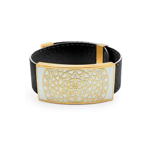 BISTEB323 - Bracelet acier PVD doré - cuir noir - email - largeur 2cm - réglable - 