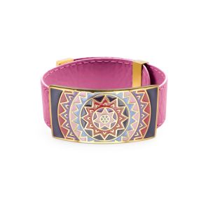 BISTEB325 - Bracelet acier PVD doré - cuir fushia - email - largeur 2cm - réglable - 