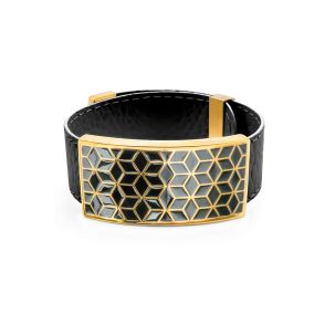 BISTEB327 - Bracelet acier PVD doré - cuir noir - email - largeur 2cm - réglable - 