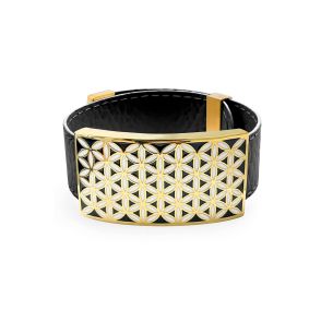 BISTEB330 - Bracelet acier PVD doré - cuir noir - email - largeur 2cm - réglable - 