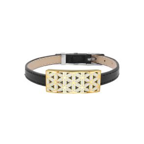 BISTEB332 - Bracelet acier PVD doré - émail - cuir noir - largeur 1cm - bracelet montre réglable - 18 à 23cm - 
