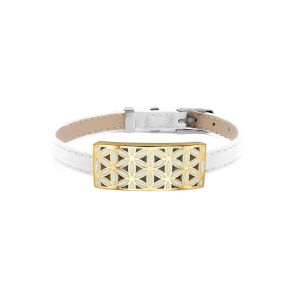BISTEB333 - Bracelet acier PVD doré - émail - cuir blanc - largeur 1cm - bracelet montre réglable - 18 à 23cm - 