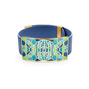 BISTEB336 - Bracelet acier PVD doré - émail - cuir noir - largeur 2cm - bracelet montre réglable - 18 à 23cm - 