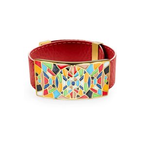 BISTEB338 - Bracelet acier PVD doré - cuir rouge - email - largeur 2cm - réglable - 