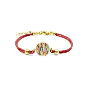 BISTEB339 - Bracelet acier PVD doré - coton rouge - email - 15+5cm - 