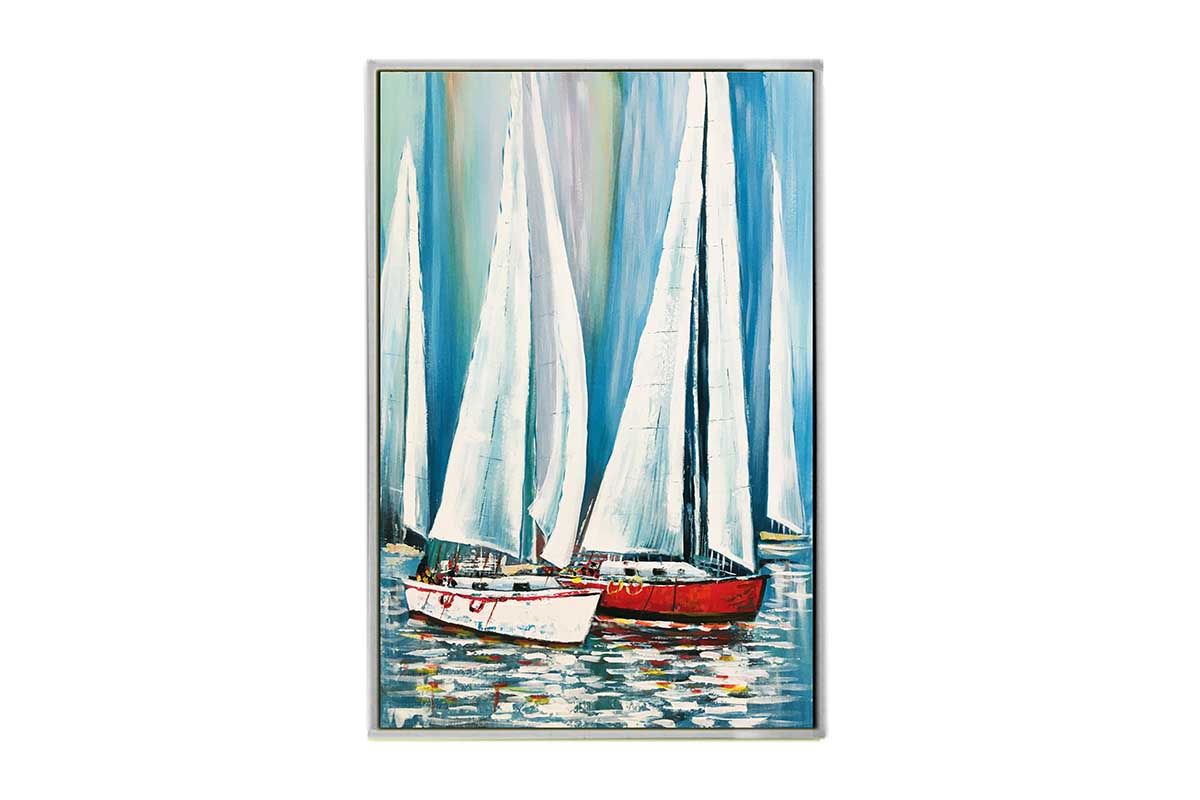 Tableau de bateaux multicolores fond gris cadre argent